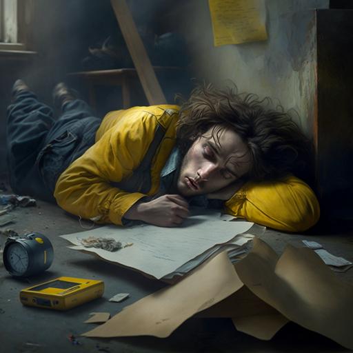 Cipriano in the middle of the room disconsolate lying on the floor with his hair grown and with the yellow folder