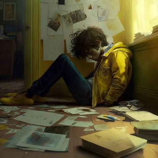 Cipriano in the middle of the room heartbroken lying on the floor with his hair grown and with a yellow folder with old clothes in a room.