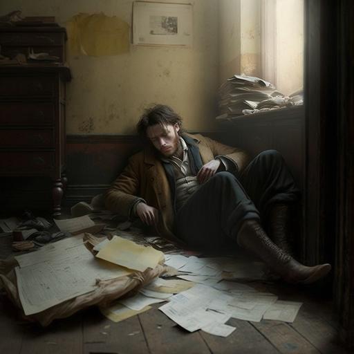Cipriano in the middle of the room heartbroken lying on the floor with his hair grown and with a yellow folder in his hands with old clothes from 1870 in a large room.