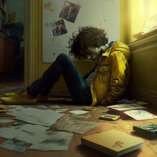 Cipriano in the middle of the room heartbroken lying on the floor with his hair grown and with a yellow folder with old clothes in a room.