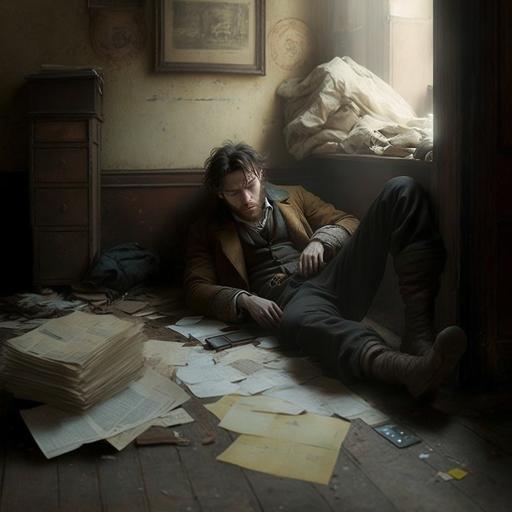 Cipriano in the middle of the room heartbroken lying on the floor with his hair grown and with a yellow folder in his hands with old clothes from 1870 in a large room.