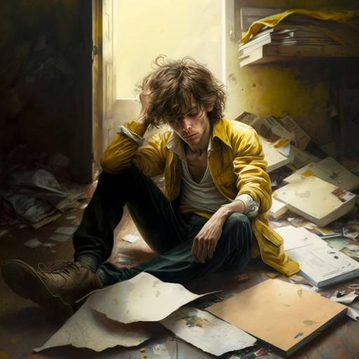 Cipriano in the middle of the room heartbroken lying on the floor with his hair grown and with a yellow folder in his hands with old clothes from 1970 in a large room.