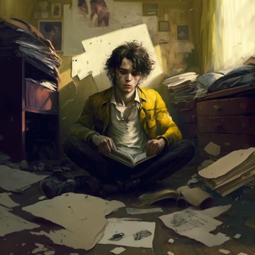 Cipriano in the middle of the room heartbroken lying on the floor with his hair grown and with a yellow folder in his hands with old clothes from 1970 in a large room.