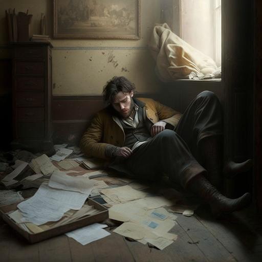 Cipriano in the middle of the room heartbroken lying on the floor with his hair grown and with a yellow folder in his hands with old clothes from 1870 in a large room.