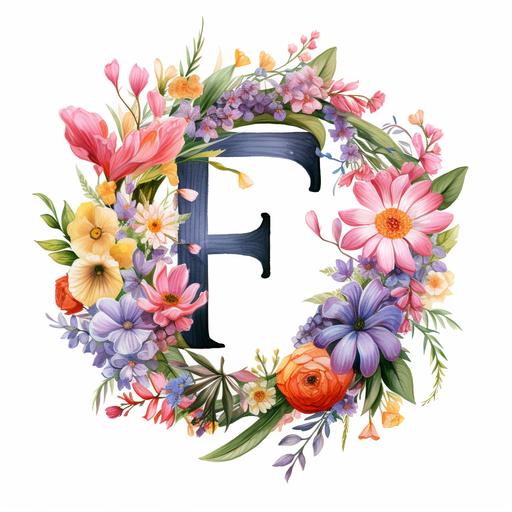Circular floral wreath with letter F in the middle, white background