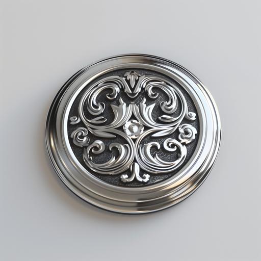 Circular silver chrome button for varsity jacket utilizing geometric/minimalistic baroque ornamentation --v 6.0