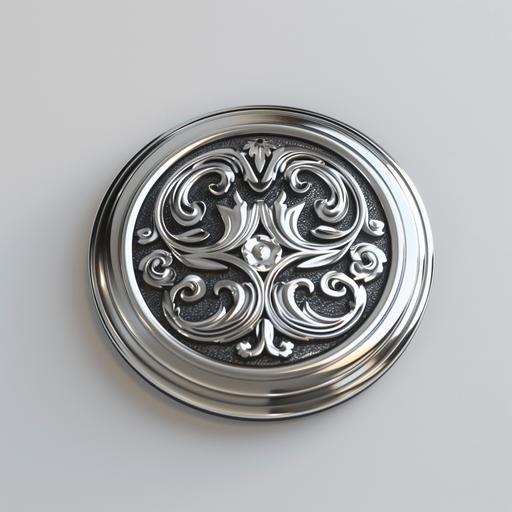 Circular silver chrome button for varsity jacket utilizing geometric/minimalistic baroque ornamentation