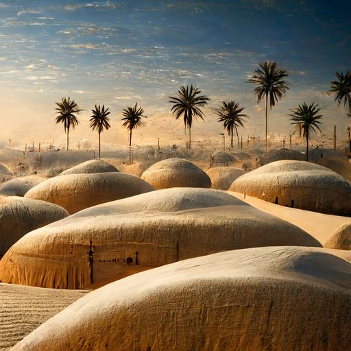 City of a Thousand Domes in the sahara, dunes ,houses , palm trees , photo realistic