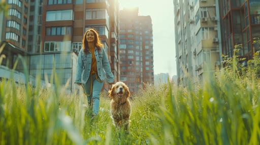 Cityscape meets happiness in this 8K gem! A girl and her dog stroll through an unexpected green meadow between buildings. Zoom in to see the woman's radiant smile, reflecting the sheer delight of this urban oasis discovery / professional photography / color / light tone 8k --ar 16:9 --v 6.0