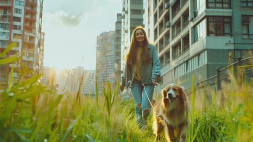 Cityscape meets happiness in this 8K gem! A girl and her dog stroll through an unexpected green meadow between buildings. Zoom in to see the woman's radiant smile, reflecting the sheer delight of this urban oasis discovery / professional photography / color / light tone 8k --ar 16:9 --v 6.0