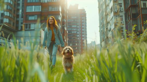 Cityscape meets happiness in this 8K gem! A girl and her dog stroll through an unexpected green meadow between buildings. Zoom in to see the woman's radiant smile, reflecting the sheer delight of this urban oasis discovery / professional photography / color / light tone 8k --ar 16:9 --v 6.0