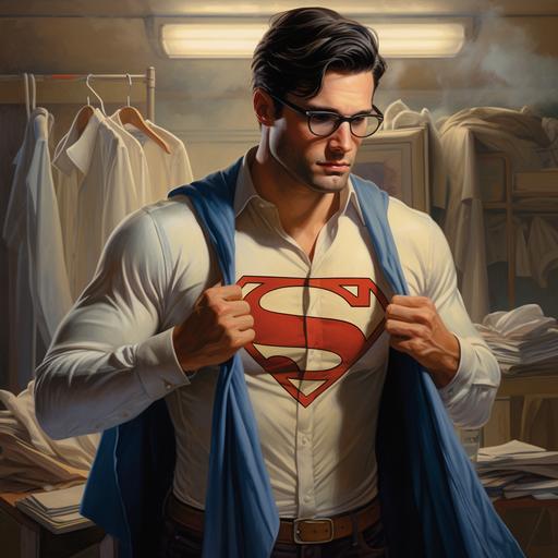 Clark Kent pulling open his shirt to reveal Superman costume with 