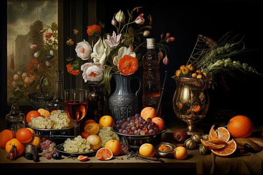 Classic Dutch still life, flowers, wine, glass, fruits, fish, squids, vases and cups of metal on the background of wood, cabinet