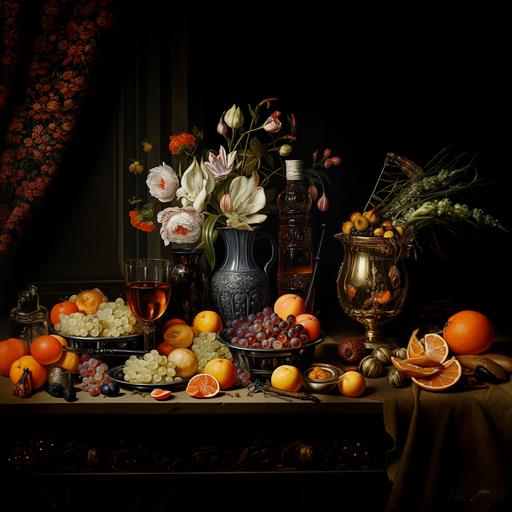 Classic Dutch still life, flowers, wine, glass, fruits, fish, squids, vases and cups of metal on the background of wood, cabinet