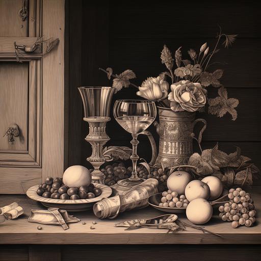 Classical Dutch still life, flowers, wine, glass, fruits, fish, squids, vases and porcelain, metal, against the background of a wooden cabinet. Black white pencil drawing in the style of Rembrandt. sepia