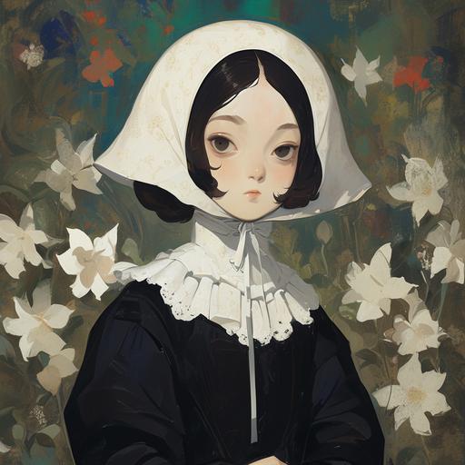 Classical painting by an Edouard Manet fan, a cute anime girl wearing a dendrobium kigu, it has a ridiculous dendrobium hood on the kigu, the girl's actual face cute and round with a slight pout, her eyes deep black and really oval, the background is an atrium that goes well with her dendrobium kigu attire --niji 6