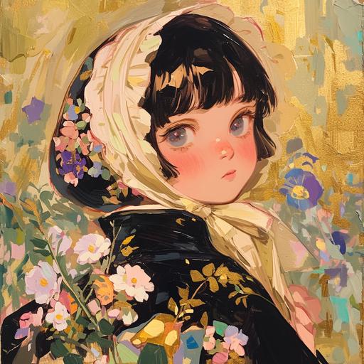Classical painting by an Edouard Manet fan, a cute anime girl wearing a dendrobium kigu, it has a ridiculous dendrobium hood on the kigu, the girl's actual face cute and round with a slight pout, her eyes deep black and really oval, the background is an atrium that goes well with her dendrobium kigu attire --niji 6