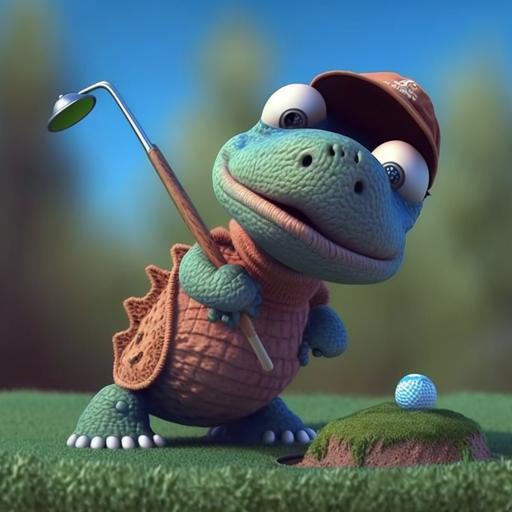 Clay animation style, cute baby dinosaur playing golf::3, large golf ball::, colorful, smiles, fun, at golf course
