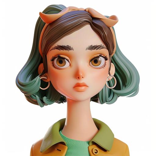 Claymorphism, fashion young woman character design, close-up, 3D rendering, ui design trending, comic, cartoon, white background