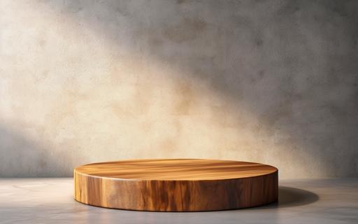 Clean, smooth round teak wooden podium, beautiful wood grains reflected in the sun, shadows on the Grey stucco texture wall for high-end organic cosmetics, 16k, skincare, beauty treatment product display background --ar 16:10 --s 250 --q 2