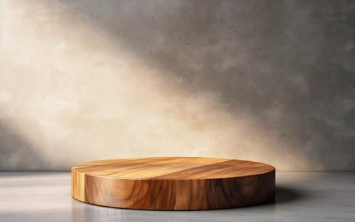 Clean, smooth round teak wooden podium, beautiful wood grains reflected in the sun, shadows on the Grey stucco texture wall for high-end organic cosmetics, 16k, skincare, beauty treatment product display background --ar 16:10 --s 250 --q 2