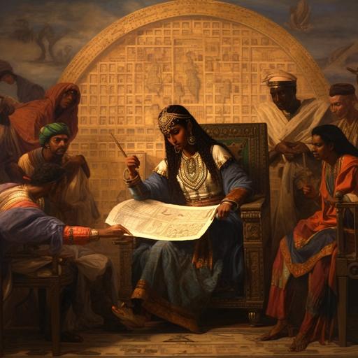 Cleopatra is seated at a large wooden chair, surrounded by scholars and advisors. She is pointing to a map of the Mediterranean region, illustrating her extensive knowledge of languages and geography.