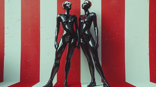 Cliches women wearing retrofuturistic film noir helloween rubber costumes, mirrored red white and black colors face paint, black boots, standing, posing, provoking, ambivalent, full view, depth of field, in the style of vray tracing, striped, new british sculpture, serge marshennikov, cinematic, high - contrast shading, photography by Leonor Fini, :wundervoll-ai:0, --ar 16:9 --v 6.0