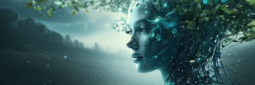 Climate change Artificial intelligence chatbot science fiction, tress, nature, planet vibes background Animated style --ar 3:1