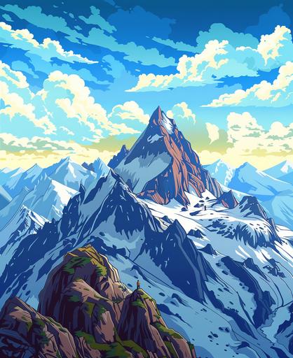 Climb to the summit of a majestic mountain, witnessing breathtaking views, snow-capped peaks, and mountain wildlife. cartoon style, thick lines, vivid color --ar 9:11