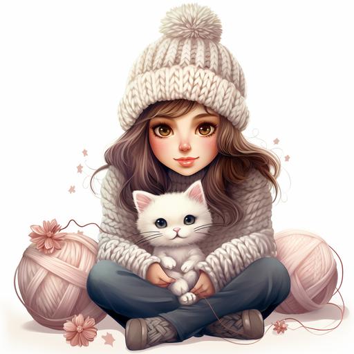 Clipart, knit, Yarn balls, knitting, white background, snow, winter, gift, nice, cute, flower, snowflake, cute lady sitting, cute cat, sweet