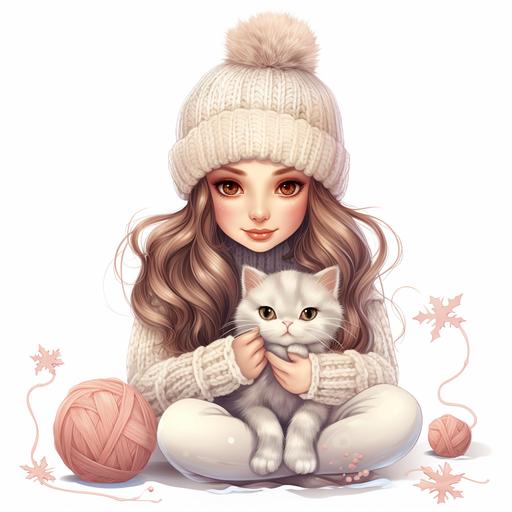 Clipart, knit, Yarn balls, knitting, white background, snow, winter, gift, nice, cute, flower, snowflake, cute lady sitting, cute cat, sweet