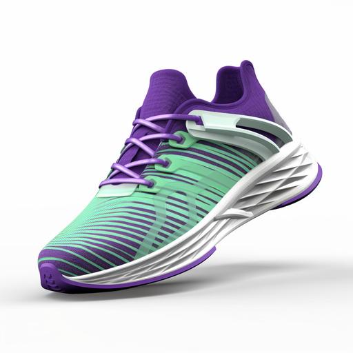 futuristic womens purple and green running shoe with white background