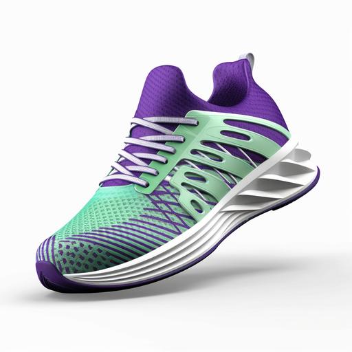 futuristic womens purple and green running shoe with white background