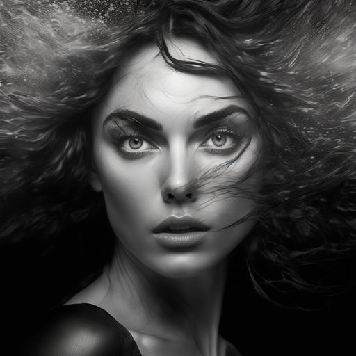 Close Portrait of Ana De Armas Monica Bellucci Mila Kunis, with a chromatic bubble around her head, attractive, athletic, iconic, Vogue cover, in the style of albert watson, professional photo shoot, emotional, intricate details, maximum texture, volumetric fog, dramatic , Hypnotic dark eyes, Model, intimate, messy hair, windy, dream girl, rebel, alternative, realistic skin texture, feminine, staring at the camera, photo-realistic, cinematic lighting, intimidating stare, Atmospheric, 100mm f/1.2, bokeh, shallow depth of field, epic, dramatic, cinematic lighting --v 4 --q 2 --uplight