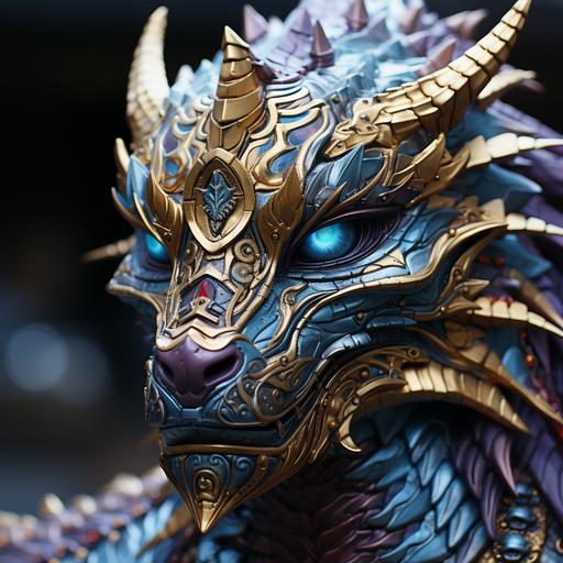 Close shot of blue dragon's face. Metallic scales, gold septum ring, glowing purple eyes, symmetrical, photo realistic, ray tracing --s 750 --v 5.2 --style raw