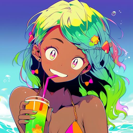 Close up Cute Girl Symetrical face on Portrait, Japanese manga style in 1990, Smiling, black girl, tanned, really happy, glee, Bikini babe style, Aged texture, bold colours, A cute girl, Holding a icy drink, pink and orange icy drink, sparkles, shimmer, water droplets, Short Rainbow hair, Rainbows, Rainbow Hair, Bright colours, Saturated, wearing a colourful bikini, waving, palm trees, The background is a calm tropical sea horizon, half body, trendy toys design, a character portrait by okumura Togyu, featured on pixiv, toyism, tarot card, anime aesthetic, vibrant colors, dynamic angle, masterpiece, best quality, hyper details, no strange animals or plants, Bikini Top says Super, Bikini Top says Super, --niji 5