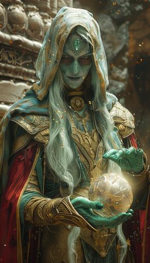 Close-up, Magus the old female Alien Zoroastrian Priest Wizard Warrior holding a crystal ball, light-green skin, light-blue eyes, golden armor, dark-red cloth, white long hair, magic energy, in a tower in mystical mountains. hyperdetailed, by Caravage and Alphonse Mucha --ar 4:7 --stylize 750 --v 6.0