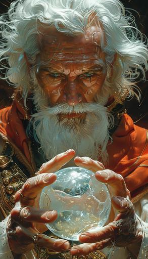 Close-up, Magus the old female Alien Zoroastrian Priest Wizard Warrior holding a crystal ball, light-green skin, light-blue eyes, golden armor, dark-red cloth, white long hair, magic energy, in a tower in mystical mountains. hyperdetailed, by Caravage and Alphonse Mucha --ar 4:7 --stylize 750 --v 6.0