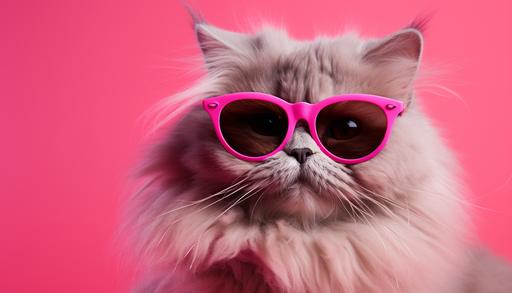 Close up cat wearing pink Yarn with hair from neon lighting, wearing sunglasses, and Looking straight, isolate on pink background --ar 7:4