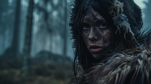 Close up of Ancient normadic Tribe from the upper Paleolithic Age living inside German woods, woman dressing in the mourning, twilight, cinematic, photorealistic, 4k, film grain, dreamlike, ethereal, scary, --ar 16:9