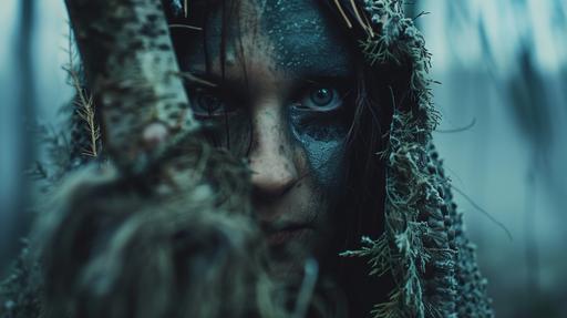 Close up of Ancient normadic Tribe from the upper Paleolithic Age living inside German woods, woman dressing in the mourning, twilight, cinematic, photorealistic, 4k, film grain, dreamlike, ethereal, scary, --ar 16:9
