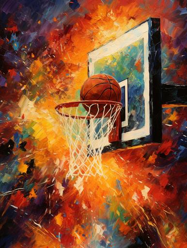 Close-up of a basketball goal net on fire, in a powerful expressive oil painting, depicted as an explosion of a spectacular nebula. By LeRoy Neiman. 8k --ar 18:24 --v 5.2