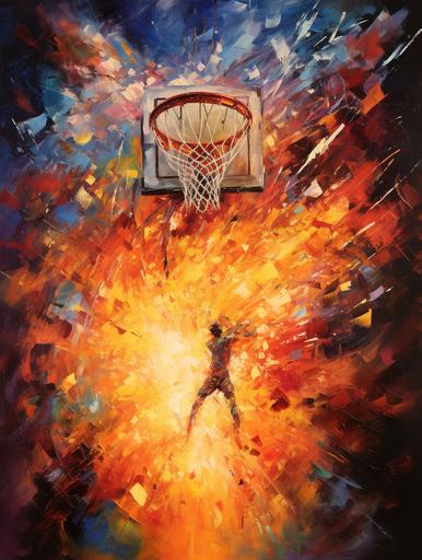 Close-up of a basketball goal net on fire, in a powerful expressive oil painting, depicted as an explosion of a spectacular nebula. By LeRoy Neiman. 8k --ar 18:24 --v 5.2