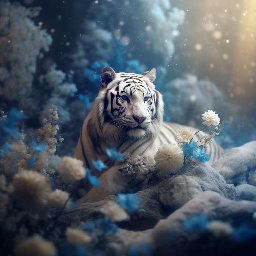 Close up of a gorgeous fluffy blue white tiger wearing a beautiful black and gold Valentino gown, bokeh, iridiscent glow, surrounded by dry flowers and blue anemona flowers, flying dragonflies, dust particles, mystique scene, ethereal, surreal fantasy, renaissence scene, majestic, aesthetics, studio lighting, cinematic lighting, deep focus, super adobe, detailed texture, aesthetics, neuro cognitive art, photoshop, octane render, pinterest art, award - winning photography, world renowned, high resolution, color grading, high art, iPhone 14 pro max camera, no blurs, neurocore, hi - res, uhd, 32k, 1200DPI --ar 1280:1280 --s 300 --v 5.1