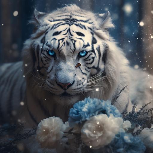 Close up of a gorgeous fluffy blue white tiger wearing a beautiful black and gold Valentino gown, bokeh, iridiscent glow, surrounded by dry flowers and blue anemona flowers, flying dragonflies, dust particles, mystique scene, ethereal, surreal fantasy, renaissence scene, majestic, aesthetics, studio lighting, cinematic lighting, deep focus, super adobe, detailed texture, aesthetics, neuro cognitive art, photoshop, octane render, pinterest art, award - winning photography, world renowned, high resolution, color grading, high art, iPhone 14 pro max camera, no blurs, neurocore, hi - res, uhd, 32k, 1200DPI --ar 1280:1280 --s 300 --v 5.1