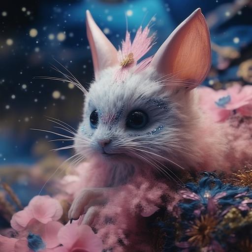 Close up of a gorgeous fluffy pink animal from another planet wearing a beautiful black and gold Valentino gown, bokeh, iridiscent glow, surrounded by dry flowers and blue anemona flowers, flying dragonflies, dust particles, mystique scene, ethereal, surreal fantasy, renaissence scene, majestic, aesthetics, studio lighting, cinematic lighting, deep focus, super adobe, detailed texture, aesthetics, neuro cognitive art, photoshop, octane render, pinterest art, award - winning photography, world renowned, high resolution, color grading, high art, iPhone 14 pro max camera, no blurs, neurocore, hi - res, uhd, 32k, 1200DPI --ar 1280:1280 --s 300 --v 5.1