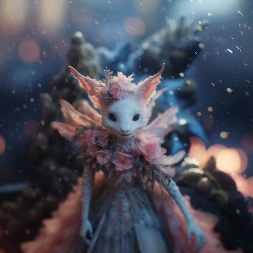 Close up of a gorgeous fluffy pink creature from another planet wearing a beautiful black and gold Valentino gown, bokeh, iridiscent glow, surrounded by dry flowers and blue anemona flowers, flying dragonflies, dust particles, mystique scene, ethereal, surreal fantasy, renaissence scene, majestic, aesthetics, studio lighting, cinematic lighting, deep focus, super adobe, detailed texture, aesthetics, neuro cognitive art, photoshop, octane render, pinterest art, award - winning photography, world renowned, high resolution, color grading, high art, iPhone 14 pro max camera, no blurs, neurocore, hi - res, uhd, 32k, 1200DPI --ar 1280:1280 --s 300 --v 5.1