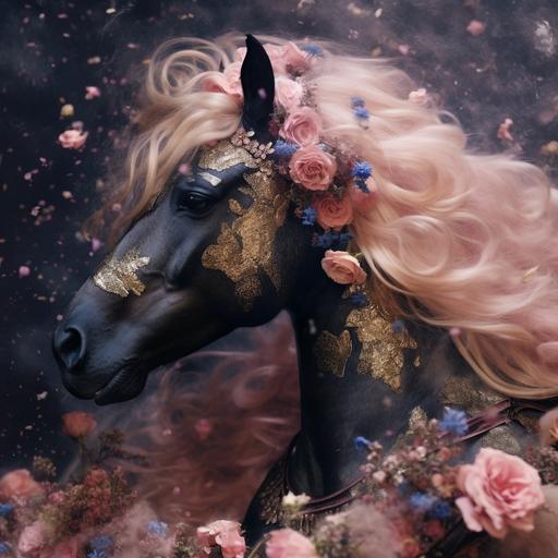 Close up of a gorgeous fluffy pink horse from another planet wearing a beautiful black and gold Valentino gown, bokeh, iridiscent glow, surrounded by dry flowers and blue anemona flowers, flying dragonflies, dust particles, mystique scene, ethereal, surreal fantasy, renaissence scene, majestic, aesthetics, studio lighting, cinematic lighting, deep focus, super adobe, detailed texture, aesthetics, neuro cognitive art, photoshop, octane render, pinterest art, award - winning photography, world renowned, high resolution, color grading, high art, iPhone 14 pro max camera, no blurs, neurocore, hi - res, uhd, 32k, 1200DPI --ar 1280:1280 --s 300 --v 5.1