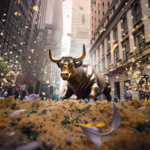 Close up of a gorgeous the bull of wall street bronze statue wearing a christian dior haute couture cloak, bokeh, iridiscent glow, surrounded by dry flowers and white jasmine flowers, flying dragonflies, dust particles, mystique scene, ethereal, surreal fantasy, renaissence scene, majestic, aesthetics, studio lighting, cinematic lighting, deep focus, super adobe, detailed texture, aesthetics, neuro cognitive art, photoshop, octane render, pinterest art, award - winning photography, world renowned, high resolution, color grading, high art, iPhone 14 pro max camera, no blurs, neurocore, hi - res, uhd, 32k, 1200DPI --ar 1280:1280 --s 300 --v 5.1