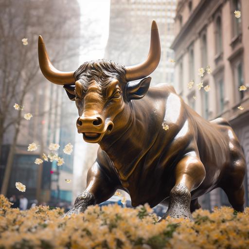 Close up of a gorgeous the bull of wall street bronze statue wearing a christian dior haute couture cloak, bokeh, iridiscent glow, surrounded by dry flowers and white jasmine flowers, flying dragonflies, dust particles, mystique scene, ethereal, surreal fantasy, renaissence scene, majestic, aesthetics, studio lighting, cinematic lighting, deep focus, super adobe, detailed texture, aesthetics, neuro cognitive art, photoshop, octane render, pinterest art, award - winning photography, world renowned, high resolution, color grading, high art, iPhone 14 pro max camera, no blurs, neurocore, hi - res, uhd, 32k, 1200DPI --ar 1280:1280 --s 300 --v 5.1